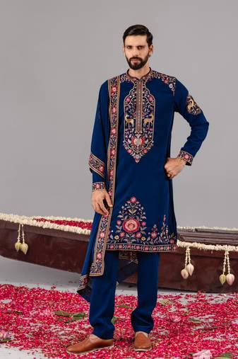 Blue georgette embroidered kurta set for mens
