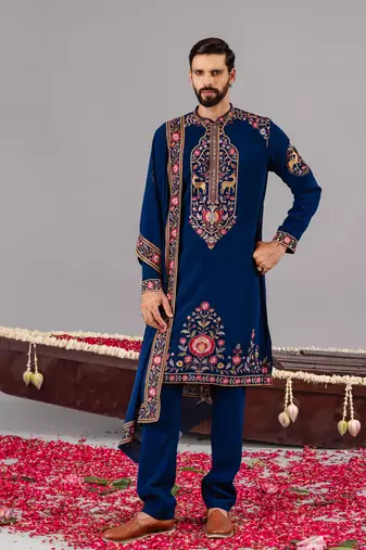 Blue georgette embroidered kurta set for mens