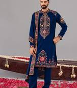 Blue georgette embroidered kurta set for mens