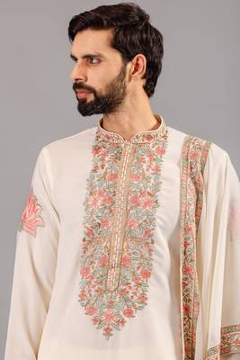 Ivory georgette embroidered kurta set for mens 4