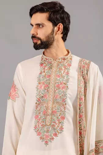 Ivory georgette embroidered kurta set for mens