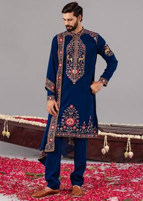 Blue georgette embroidered kurta set for mens 2