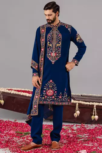Blue georgette embroidered kurta set for mens