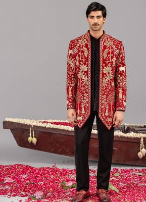 Red georgette embroidered jodhpuri set for mens 1
