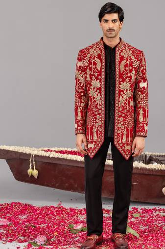 Red georgette embroidered jodhpuri set for mens