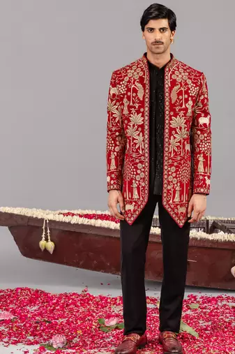 Red georgette embroidered jodhpuri set for mens