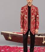 Red georgette embroidered jodhpuri set for mens