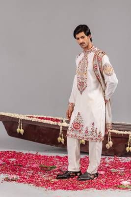 Ivory georgette embroidered kurta set for mens 5