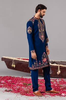 Blue georgette embroidered kurta set for mens 3