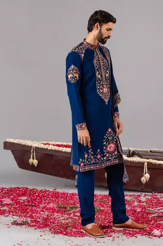 Blue georgette embroidered kurta set for mens