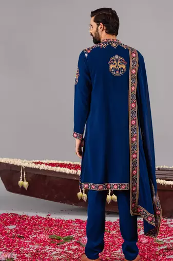 Blue georgette embroidered kurta set for mens