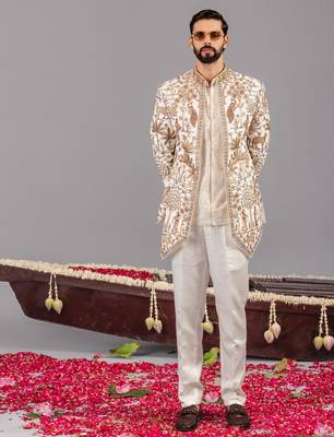 Ivory georgette embroidered jodhpuri set for mens 1