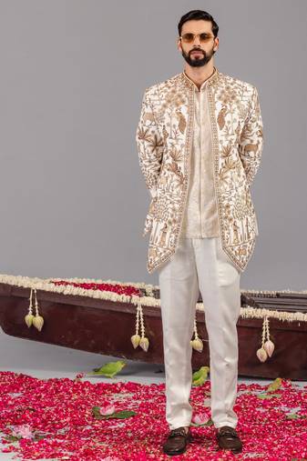 Ivory georgette embroidered jodhpuri set for mens