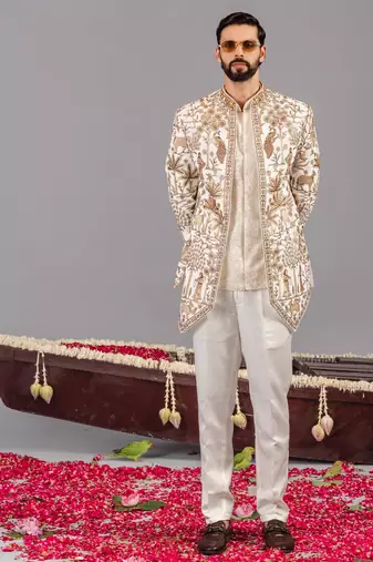 Ivory georgette embroidered jodhpuri set for mens