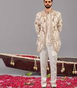 Ivory georgette embroidered jodhpuri set for mens