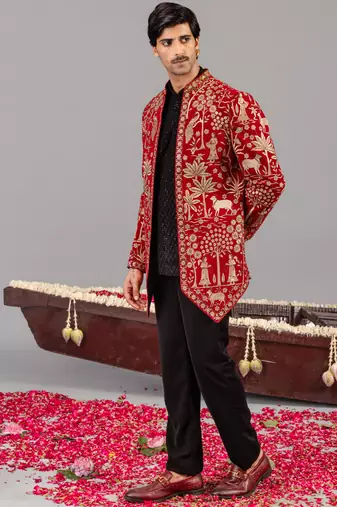 Red georgette embroidered jodhpuri set for mens