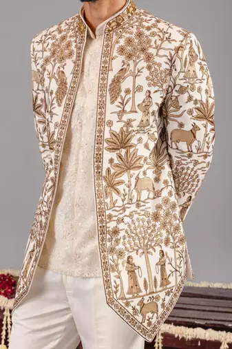 Ivory georgette embroidered jodhpuri set for mens