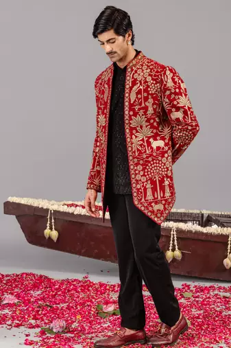 Red georgette embroidered jodhpuri set for mens