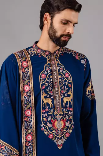Blue georgette embroidered kurta set for mens