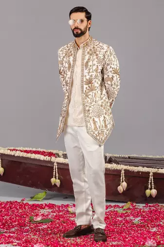 Ivory georgette embroidered jodhpuri set for mens
