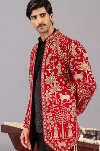 Red georgette embroidered jodhpuri set for mens