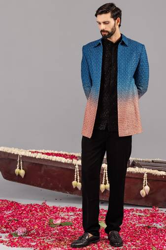 Blue and pink georgette embroidered jodhpuri set for mens