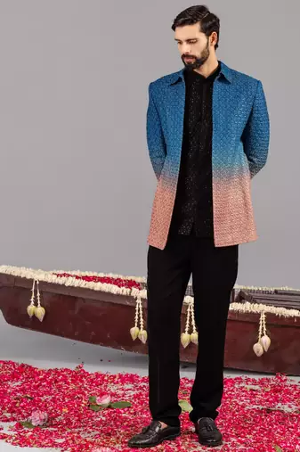 Blue and pink georgette embroidered jodhpuri set for mens