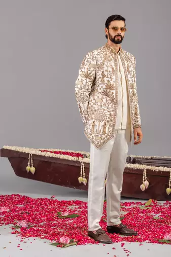 Ivory georgette embroidered jodhpuri set for mens