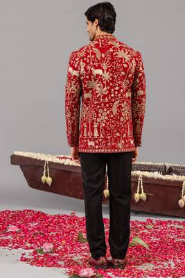 Red georgette embroidered jodhpuri set for mens 5