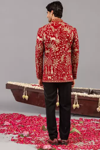 Red georgette embroidered jodhpuri set for mens