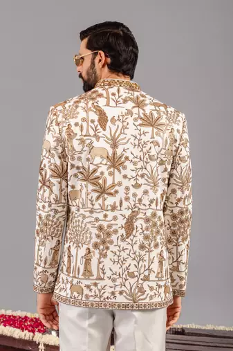 Ivory georgette embroidered jodhpuri set for mens