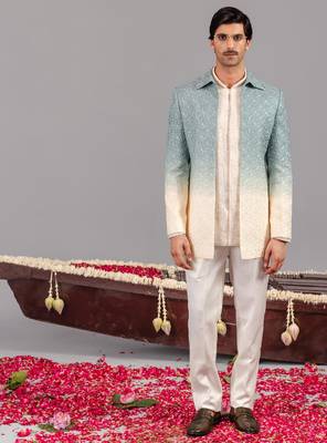 Blue and ivory georgette embroidered jodhpuri set for mens 1