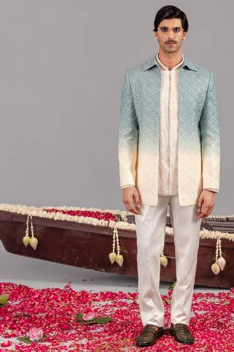 Blue and ivory georgette embroidered jodhpuri set for mens