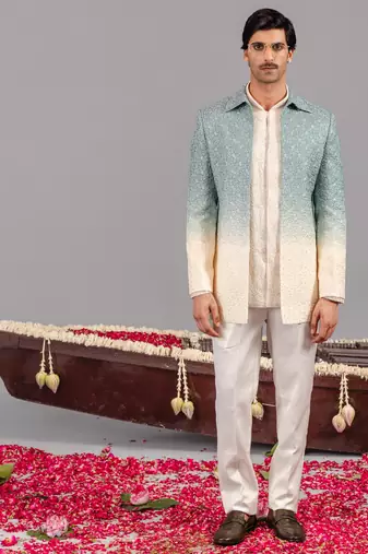 Blue and ivory georgette embroidered jodhpuri set for mens
