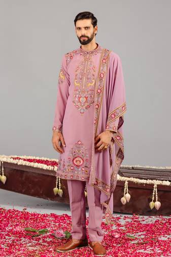 Pink georgette embroidered kurta set for mens