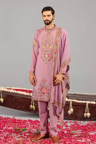 Pink georgette embroidered kurta set for mens