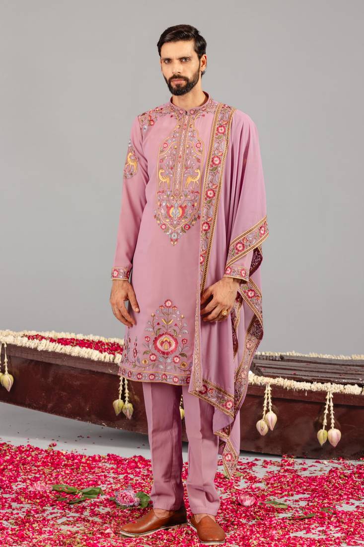 Pink georgette embroidered kurta set for mens