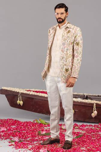 Ivory georgette embroidered jodhpuri set for mens