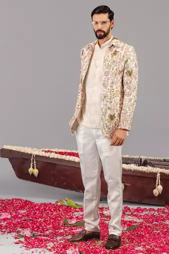 Ivory georgette embroidered jodhpuri set for mens