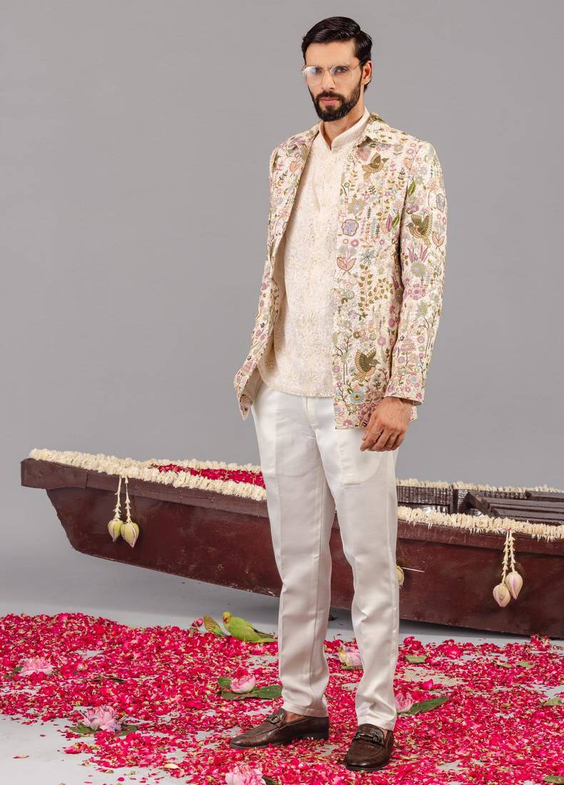 Ivory georgette embroidered jodhpuri set for mens