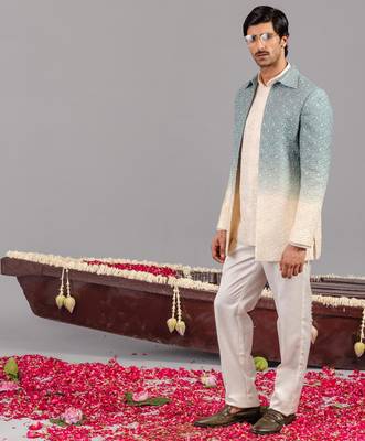 Blue and ivory georgette embroidered jodhpuri set for mens 2