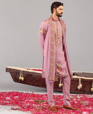 Pink georgette embroidered kurta set for mens 2