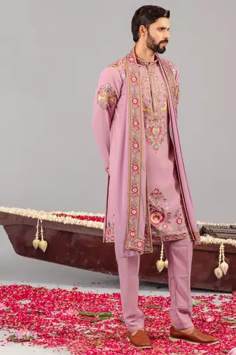 Pink georgette embroidered kurta set for mens