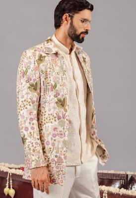 Ivory georgette embroidered jodhpuri set for mens 2