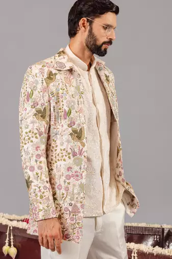 Ivory georgette embroidered jodhpuri set for mens