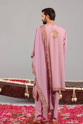Pink georgette embroidered kurta set for mens 3