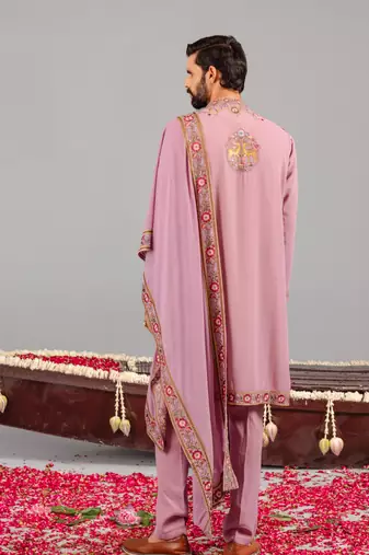 Pink georgette embroidered kurta set for mens