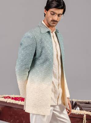 Blue and ivory georgette embroidered jodhpuri set for mens 3