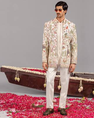 Ivory georgette embroidered jodhpuri set for mens 1