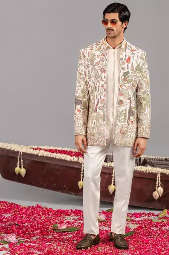 Ivory georgette embroidered jodhpuri set for mens